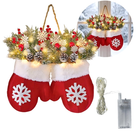 JILhome 16 Inch Christmas Wreaths for Front Door, Pre-Lit Christmas Mitten Wreath Battery Operated, 30 LED Lights Christmas Decoration for Wall, Home ,Indoor Decor