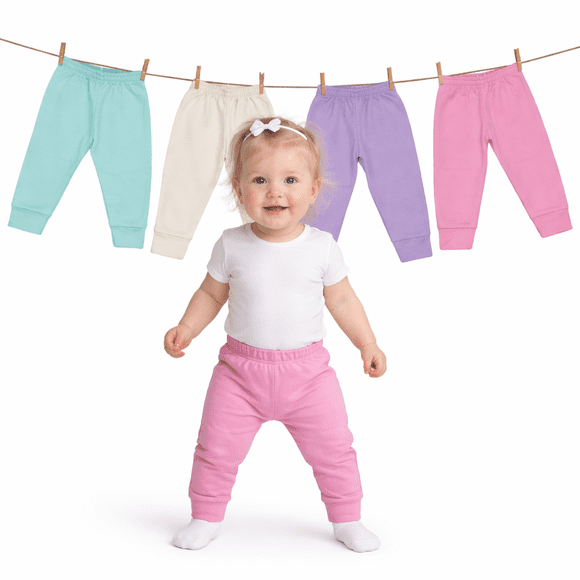 Paquete con 4 Pantalones Suaves para Bebé Niña combinación de colores pastel, Baby Planet México, Talla 3 a 6 Meses, 100% Algodón.