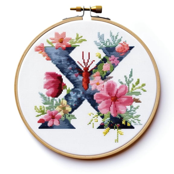 Letter X in Flowers Stamped Cross Stitch Kits for Beginners Easy with Hoop 11CT Needlepoint Embroidery Counted Cross Stitch Kits Art Craft Wall Decoration 35x35cm(1)