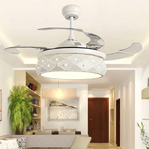 LUOLAX 42-inch diamond-shaped acrylic invisible fan light with remote control 3-color lighting ceiling fan light, living room bedroom dining room chandelier ceiling fan