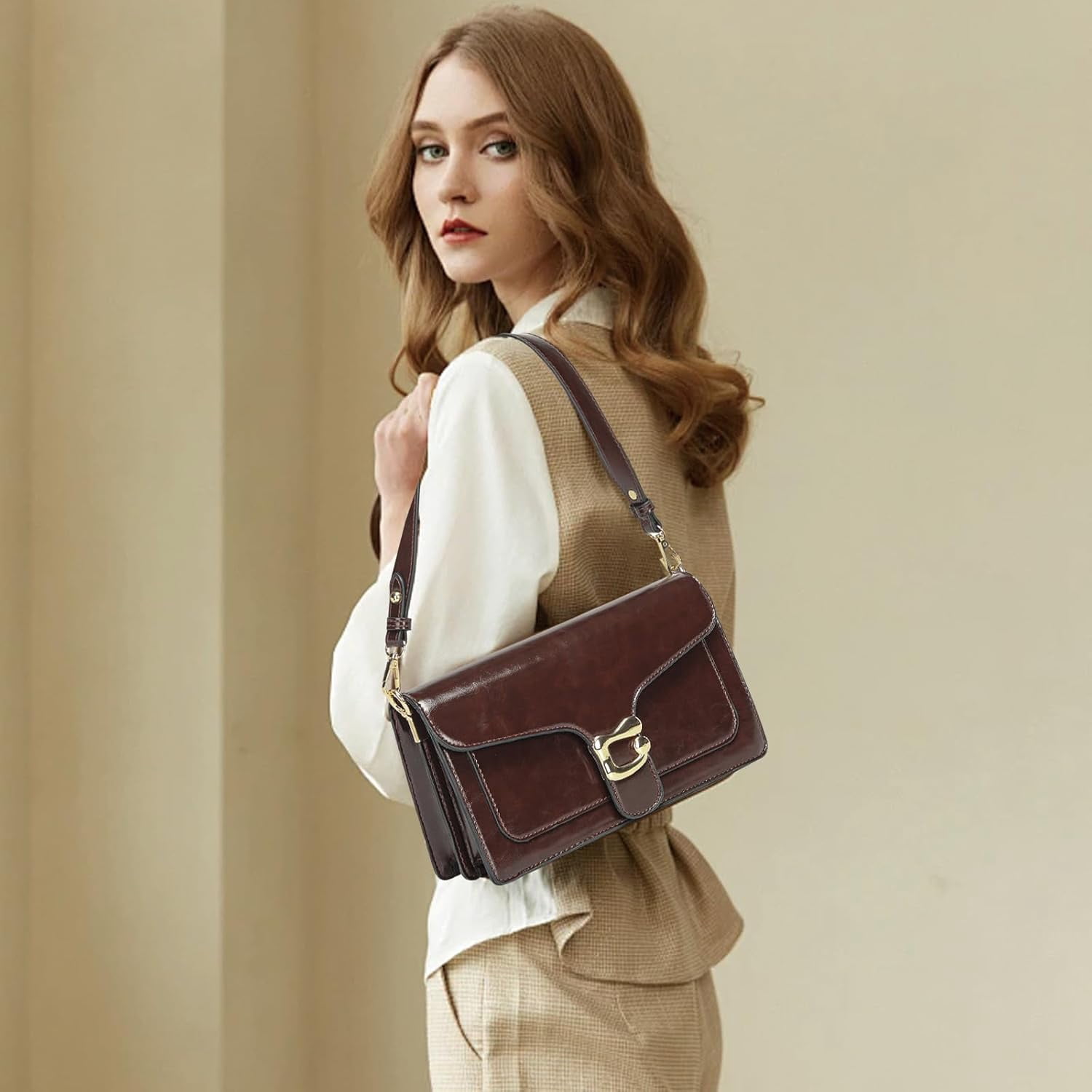 Lohol Crossbody Bags for Women Trendy - Small Cross Body Purse Shoulder Bag Leather Handbags Evening Clutch with 2 Straps(Red Brown)