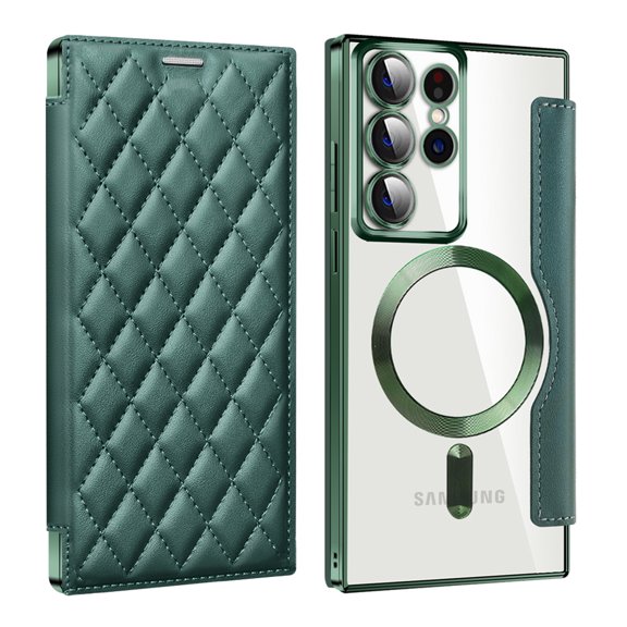 Wallet Case for Samsung Galaxy S25 Ultra,Magnetic Flip Cover Clear Back Compatible with MagSafe,[RFID Blocking Card Slots] Premium PU Leather Plating edge Shockproof Phone Case Kickstand,Darkgreen