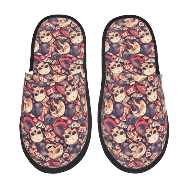 Balery Skull rock record artist Pantuflas de Casa de Felpa Silenciosas con Diseño Estampado, Zapatillas Cómodas Antideslizantes de Algodón para Interior-Medium