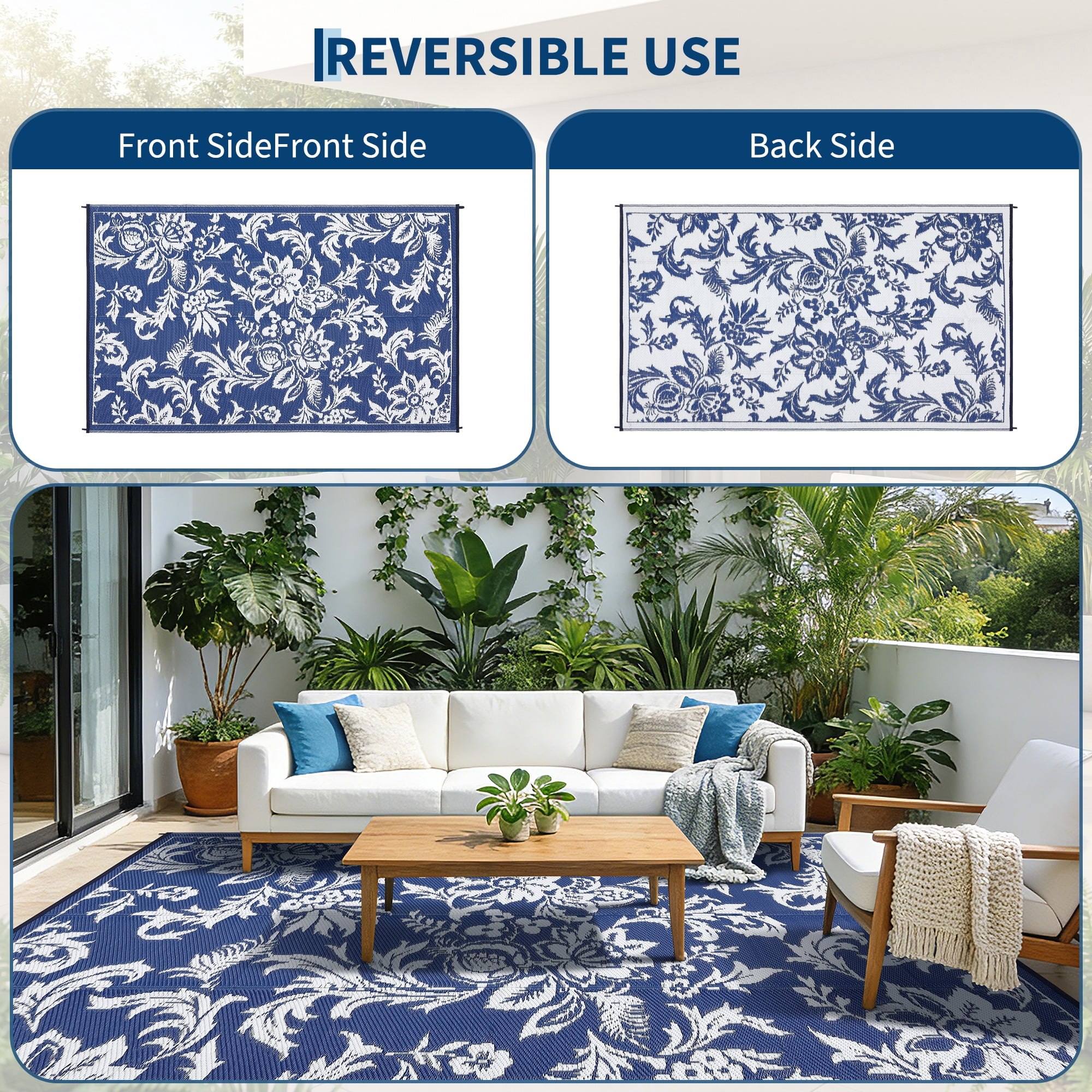 Waterproof Outdoor Rug 8x10 FT Reversible Plastic Straw Patio Mat, Lightweight Foldable Area Rug for RV Camping, Deck, Backyard, Porch, Beach, Picnic, Dark Blue & White