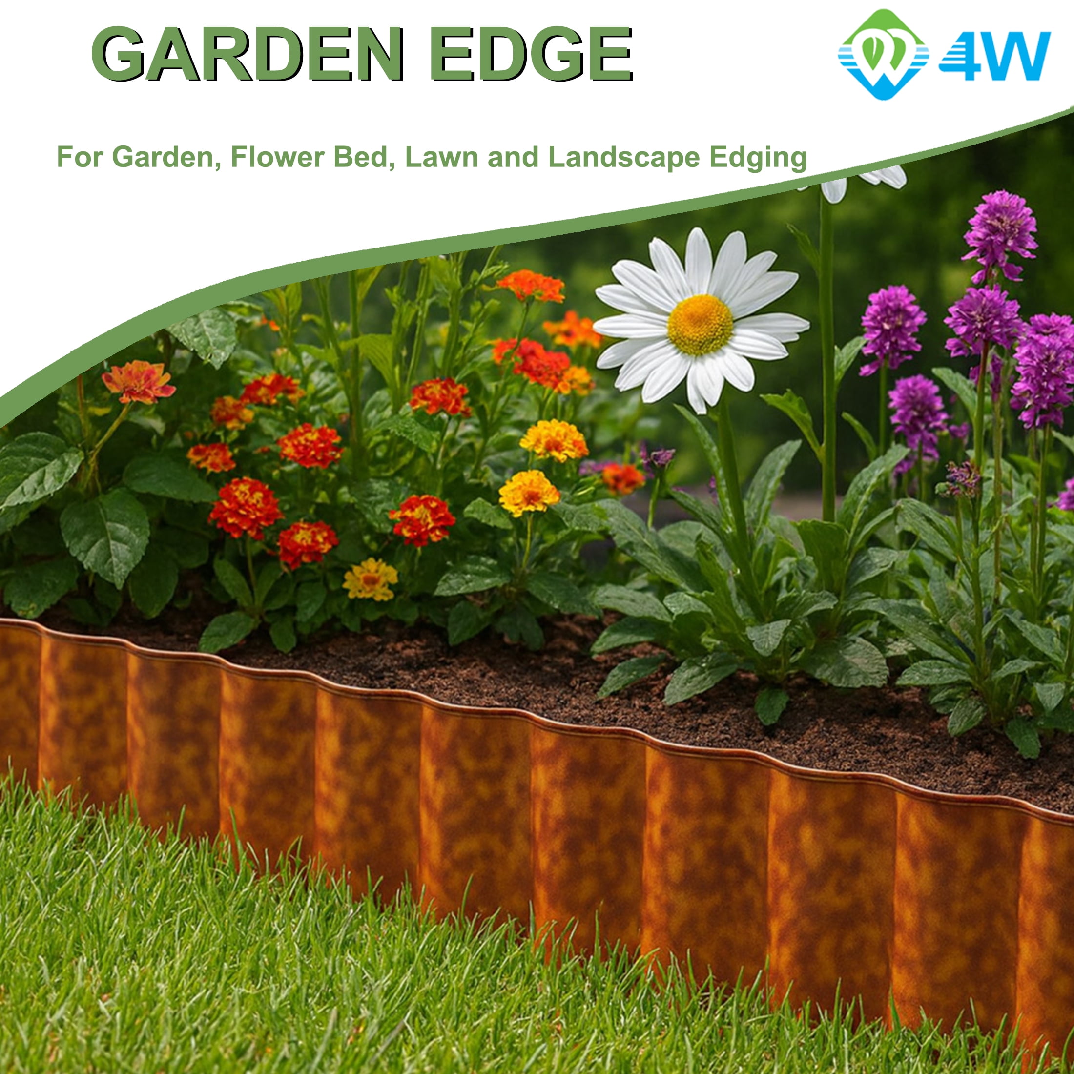 4W Galvanized Steel Garden Edging, 3" x 32.81' Corrugated Landscape Border, Flexible Lawn and Yard Edging Strip for Flower Beds and Tree Rings, Rust