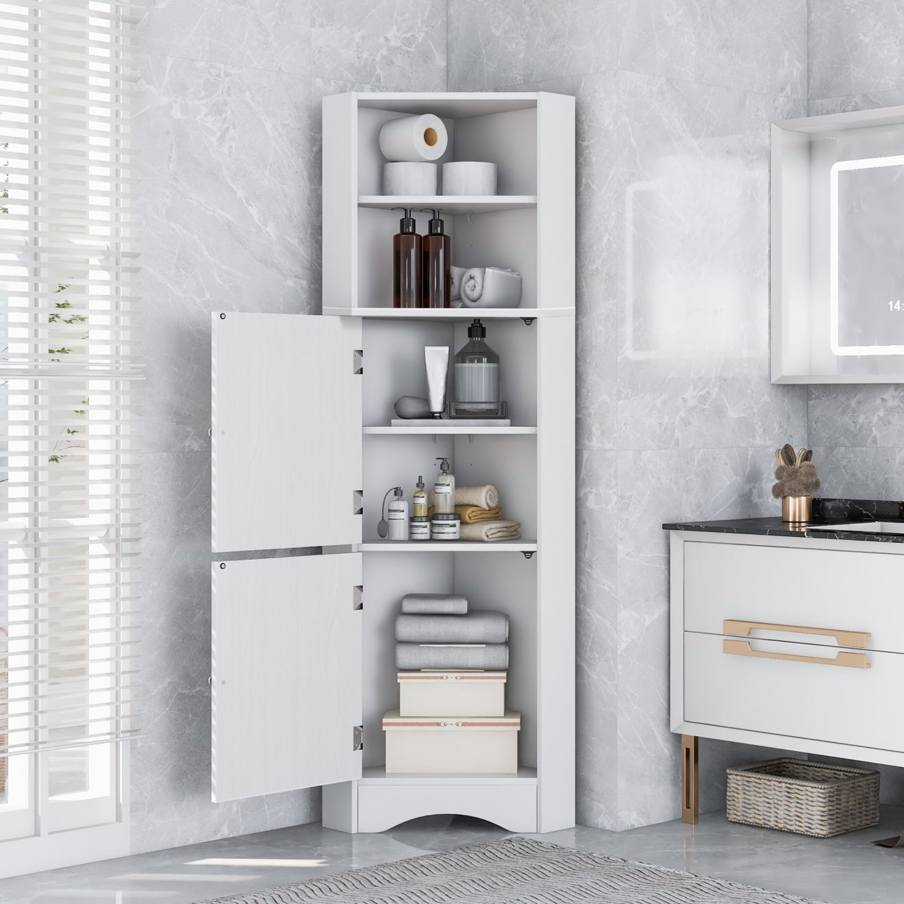 Tall Bathroom Corner Modern Freestanding Storage with 2 Doors and Adjustable