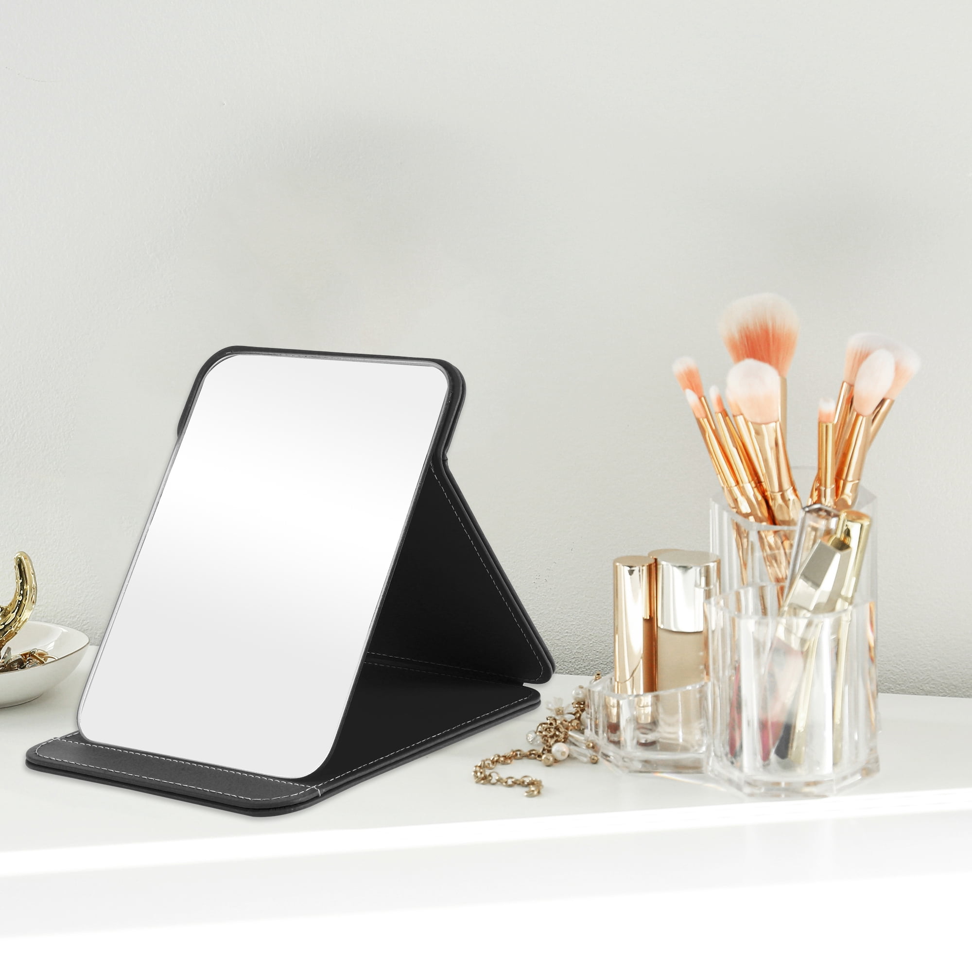 Unique Bargains 1pc Foldable Makeup Mirror for Travel and Vacation Black Large