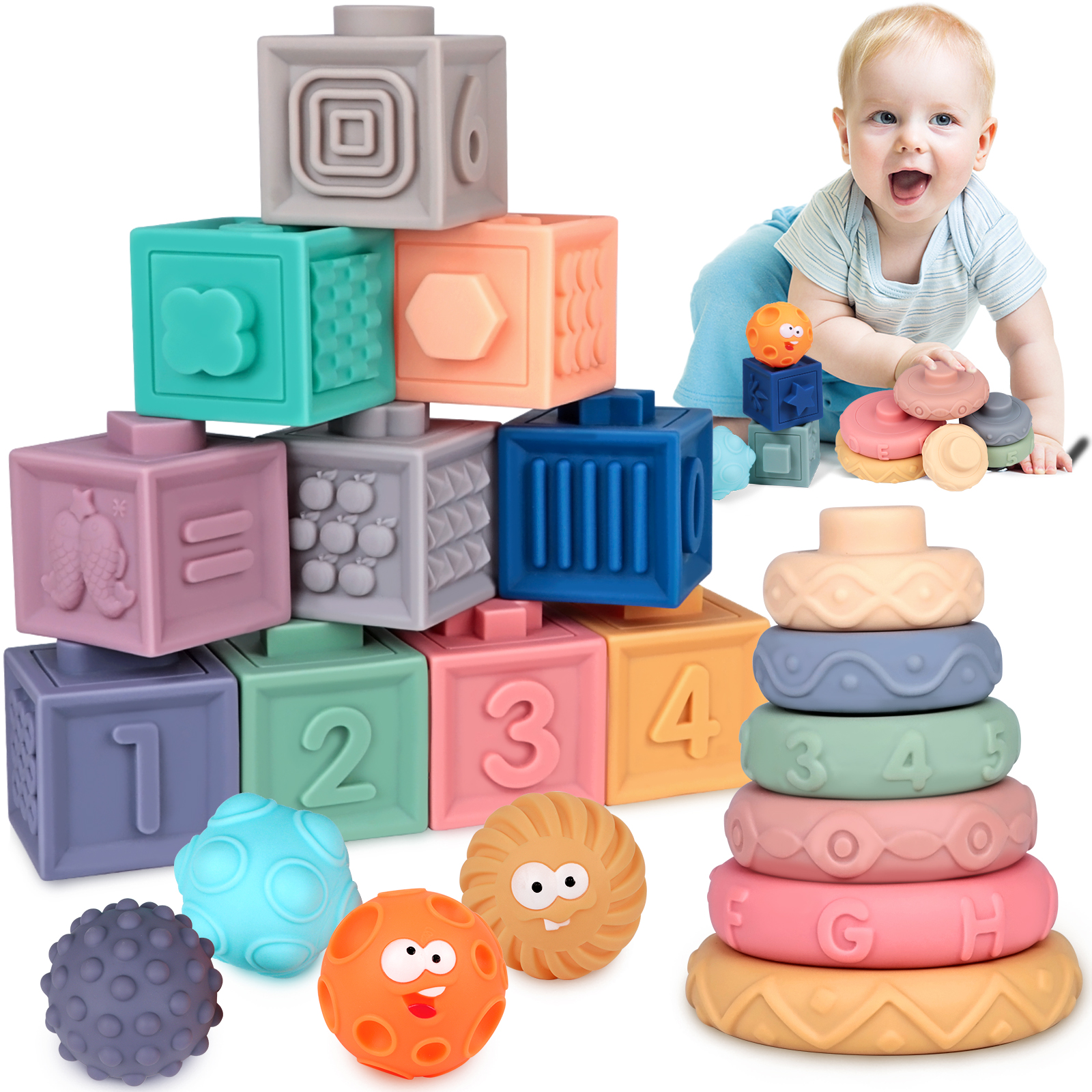 Aboosam Soft Stacking Blocks Baby Toys 6 to 12 Months, 22 Pieces