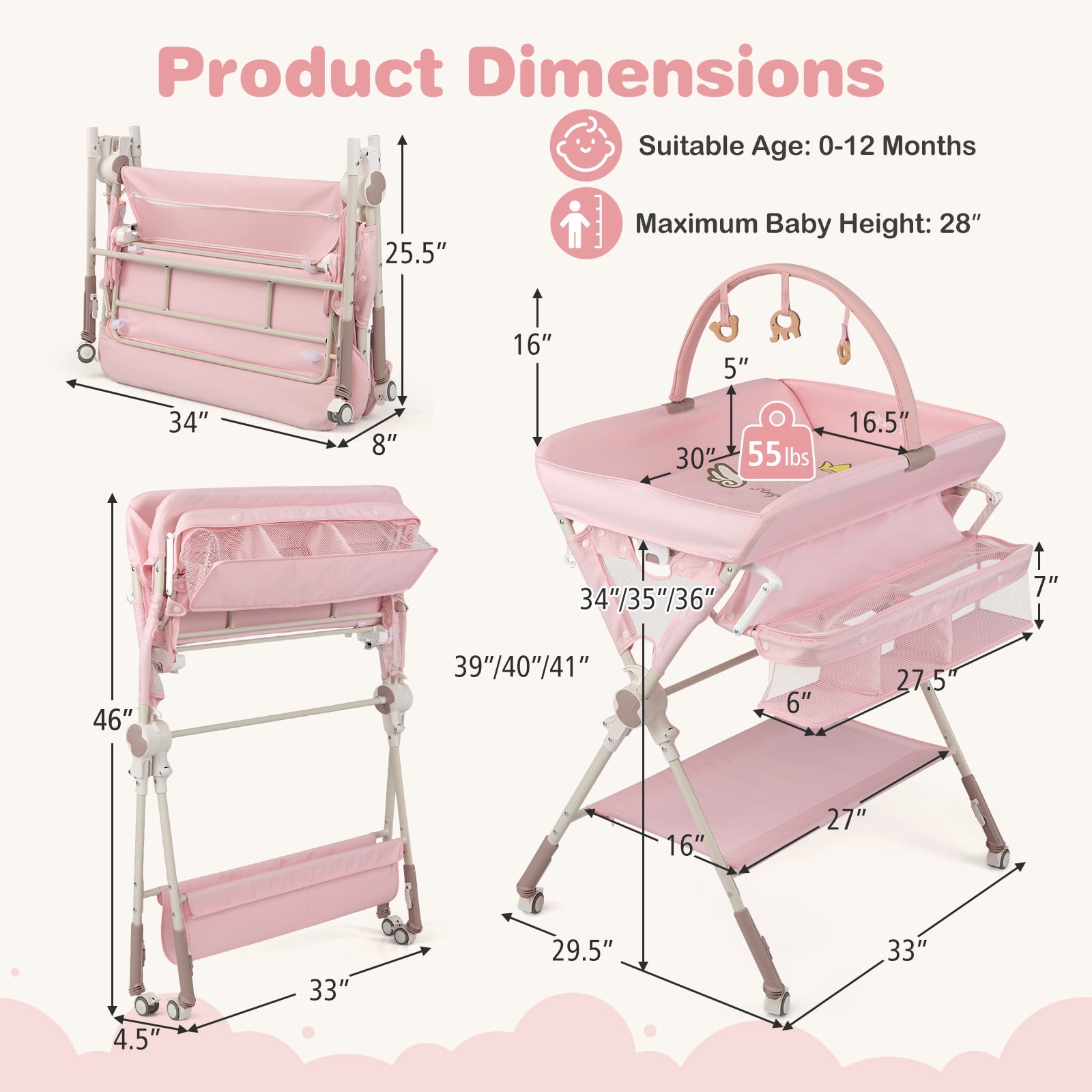 Infans Baby Changing Table w/Storage Bag Shelf Toys Lockable Wheels Adjustable Heights