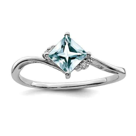 925 Sterling Silver Polished Rhodium Plated Diamond and Aquamarine Square Ring Size 6 2mm Wide Ring for Women