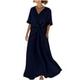 thumbnail image 2 of Gamivast Dresses for Women Linen Short Sleeve V-Neck Twist Front Maxi Dress Loose Fit A-Line Long Dress with Pockets Casual Resort Vacation Beach Dress Dark Blue L, 2 of 6