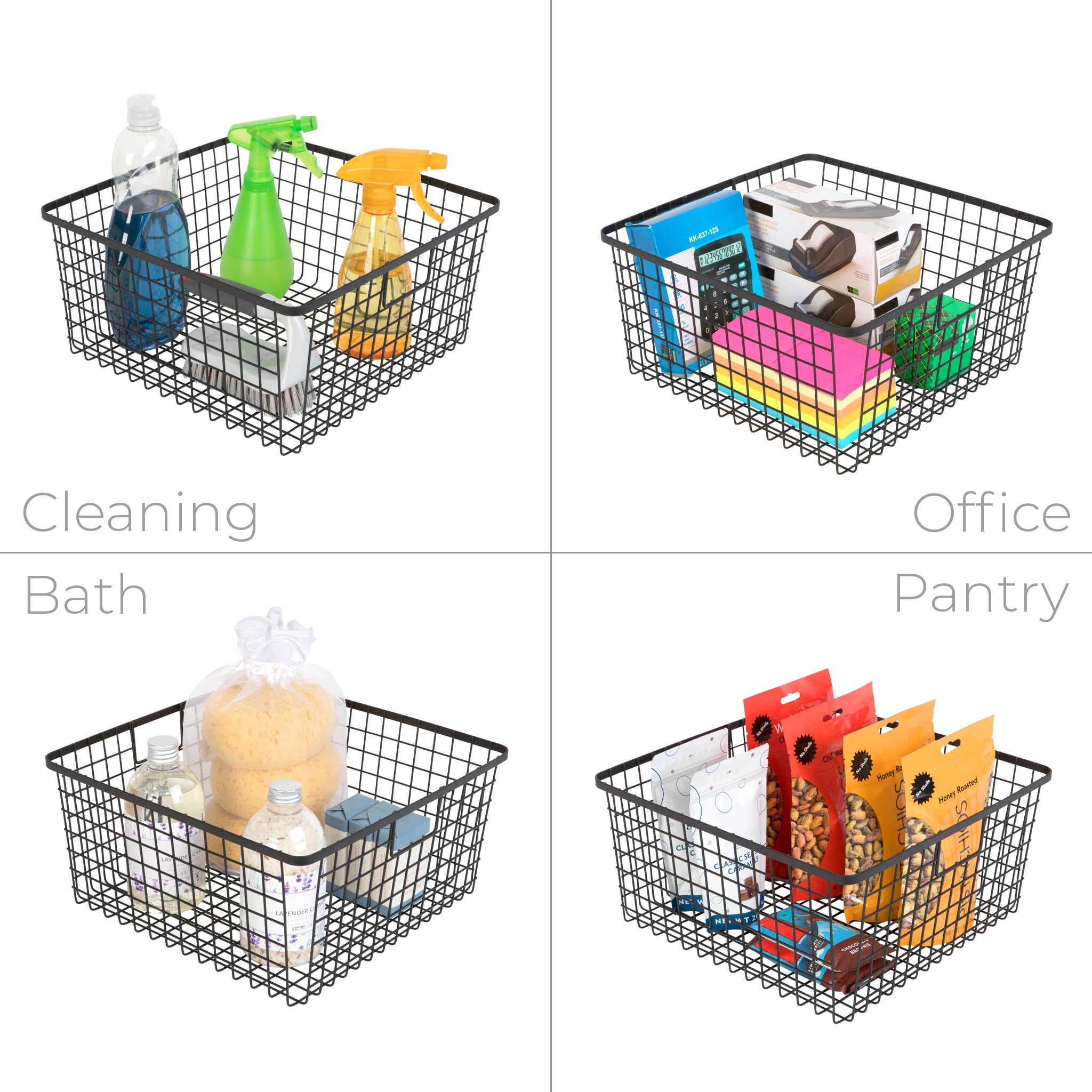 Smart Design Nestable Basket Organizer with Handles - 12 x 12 x 6 inch - Black - Set of 4