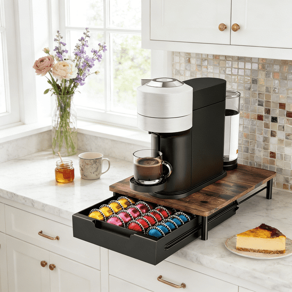 Everie Slide-Out Coffee Pod Drawer Compatible with Nespresso Vertuo, Rustic Brown Wood Top, Holds 40 to 52 Capsules, 12"x 15.6"x 3.5"
