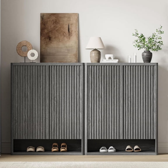 63 Inch Shoe Cabinet, Large Shoe Storage Cabinet with Adjustable Shelves, Wooden Shoe Organizer with Fluted Door Holds 50–60 Pairs for Entryway & Living Room, Grey
