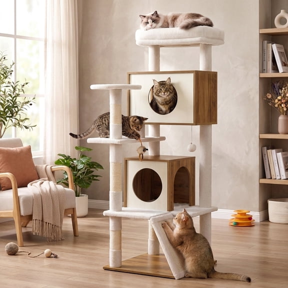 LEDREM Wood Cat Tree, 5-Tier Cat Tower with Scratching Post and 2 Condos, 53.9 Inches, Tan and White