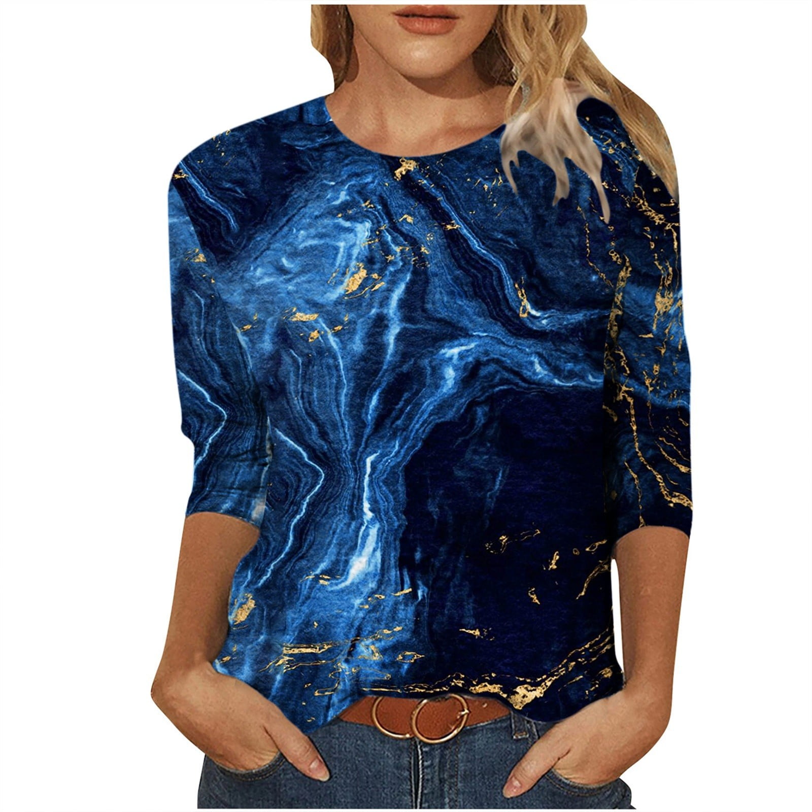 Tie Dye 3/4 Sleeve Shirts for Women, Round Neck Loose Pullover Tops ...