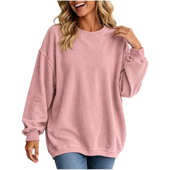 Lmnyox Ribbed Sweatshirts for Women Loose Crew Neck Oversized Pullover Fashion Casual Sweatshirts