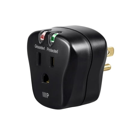 UPC: 0889028039861 | Monoprice 1 Outlet Portable Mini Power Surge Protector Wall Tap – Black | UL Rated 540 Joules With Grounded And Protected Light Indicator