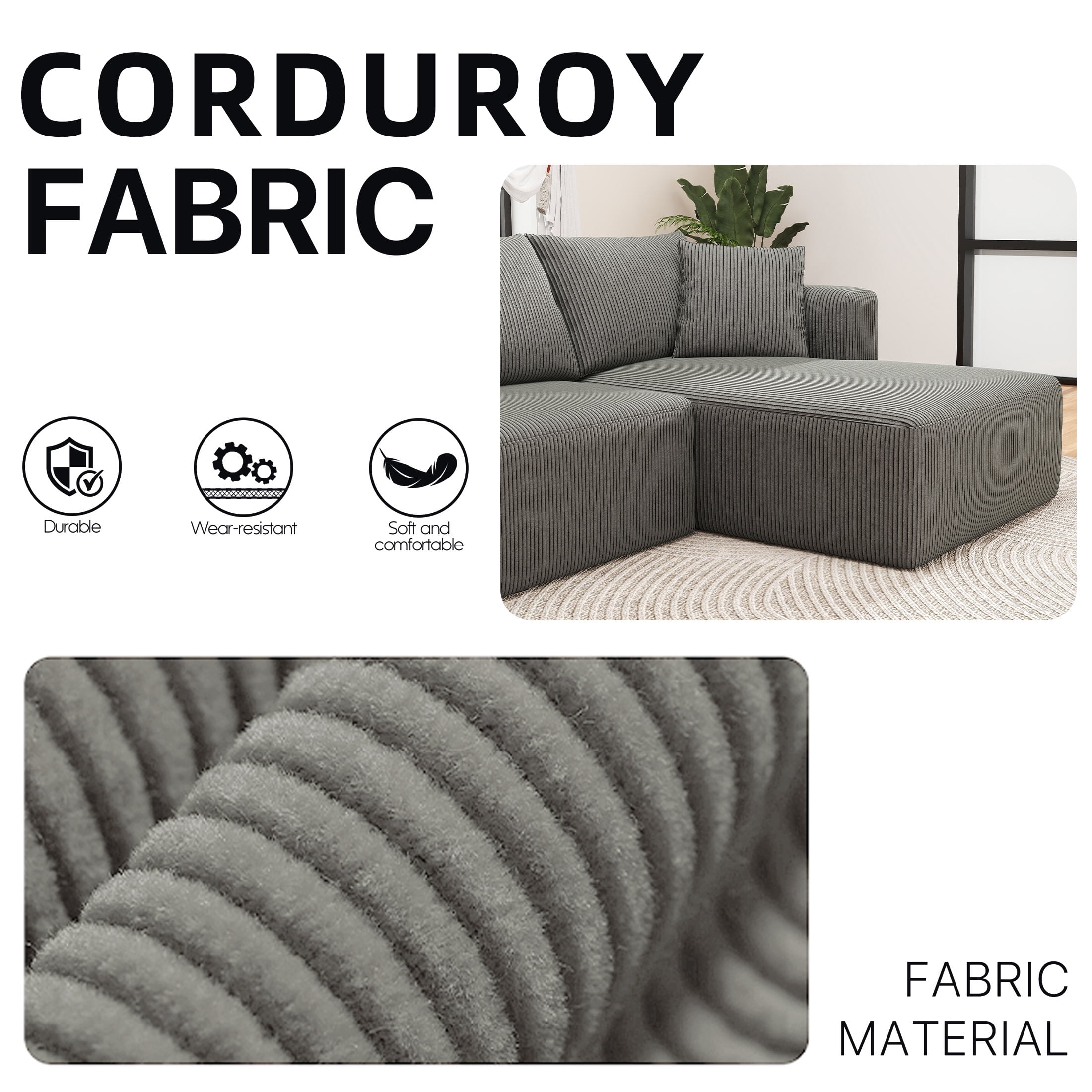 Focalsweet 107" L-Shaped Sofa Couch, Modular Sectional Living Room Sofa Set, Corduroy, No Assembly, Gray