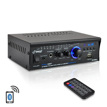 Pyle PCAU48BT - Bluetooth Mini Blue Series Stereo Power Amplifier, 2 x 120 Watt, USB Charge Port, USB/SD Memory Card Readers, RCA and AUX (3.5mm) Input Connector Jacks, Remote