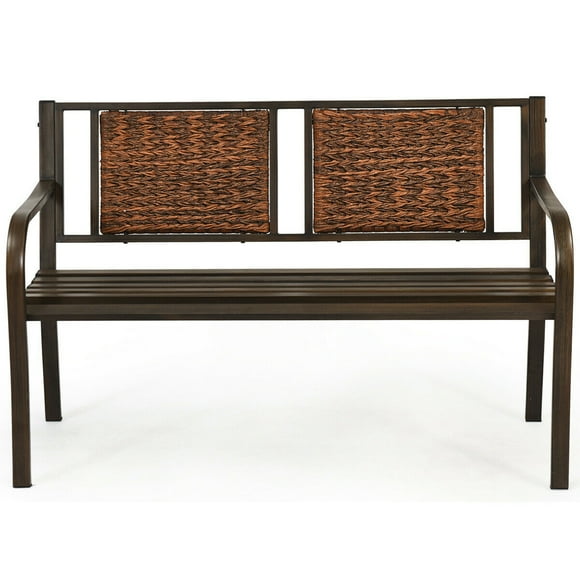 Gymax Garden Bench Loveseat Park Patio Yard Outdoor w/ Rattan Back Steel Frame