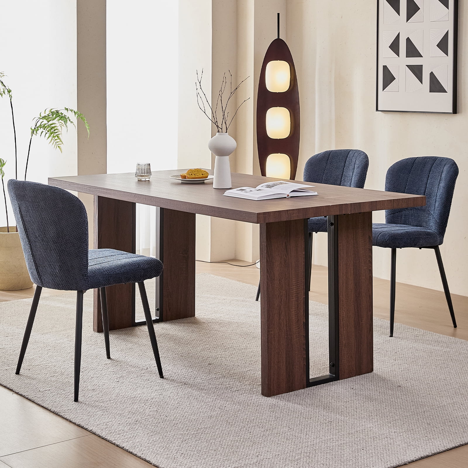 63" Dining Table Set for 4 6 People, 5 Piece Kitchen Dining Room Table with 4 Blue Chenille Chairs for Living Kitchen Room Apartment