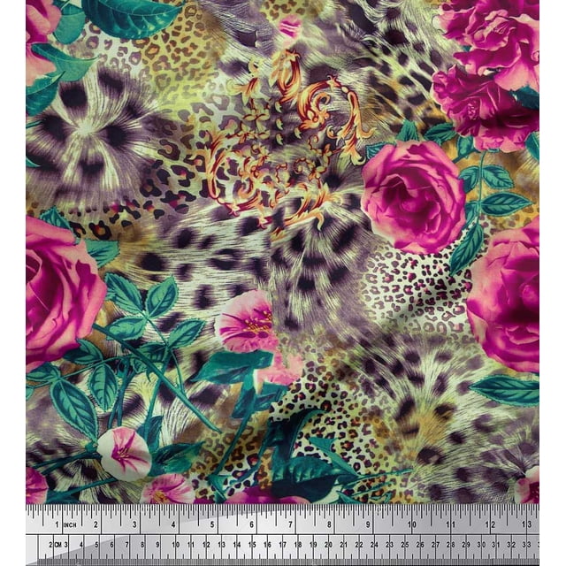 Soimoi Pink Poly Georgette Fabric Leopard Skin,Leaves & Floral Decor Fabric Printed BTY 42 Inch Wide