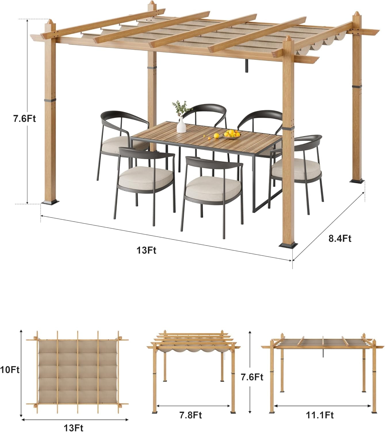 10x13 Ft Aluminum Pergola,Outdoor Metal Gazebo with Adjustable Canopy,Reinforced Frame Outdoor Shelter for Backyard,Patio Lawn and Deck - Wood grain khaki