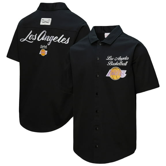 Men's Mitchell & Ness Black Los Angeles Lakers Hardwood Classics Camp Shirt