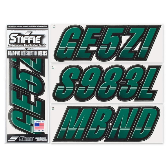 STIFFIE Techtron Racing Green/Black 3" Alpha-Numeric Identification Custom Kit Registration Numbers & Letters Marine Stickers Decals for Boats & Personal Watercraft PWC