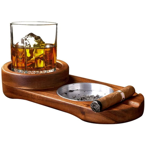 Cigar Ashtray Coaster/Whiskey Glass Tray and Cigar Holder, Wooden Cigar  Ashtray, Slot to Hold Cigar, Cigar Rest, Cigar Accessory Set Gift for Men/  Round 