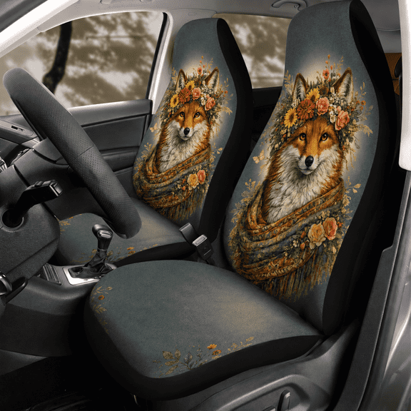 Emacom Ltd Floral Fox Front Car Seat Covers, Boho Fox Flower Crown Auto Seat Protectors, Woodland Animal Car Interior Accessories
