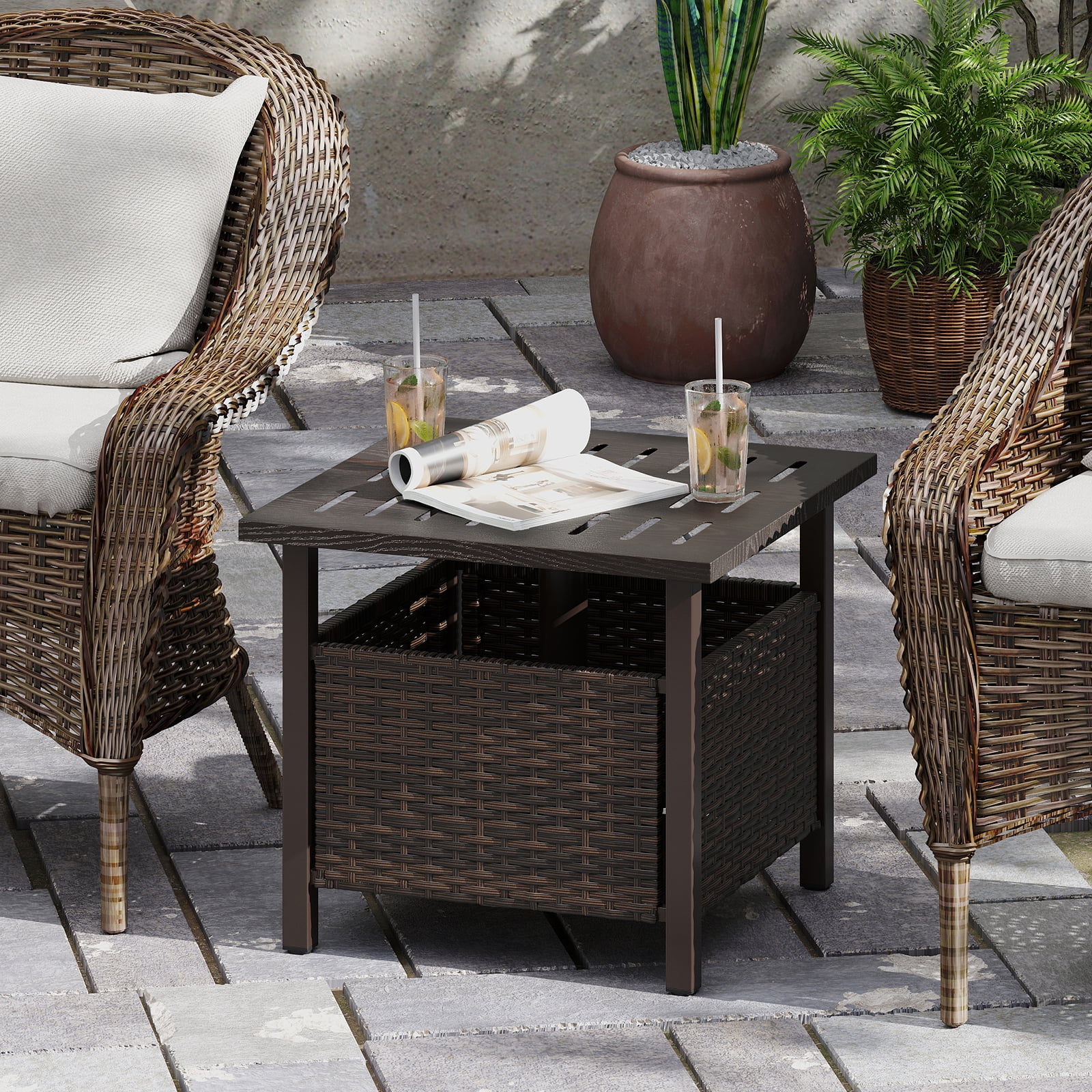 Topbuy Outdoor Side Table with 1.93" Umbrella Hole All-Weather PE Wicker Patio Umbrella Table with Rustproof Frame