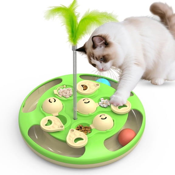 Cat Puzzle Feeder, 3 in 1 Interactive Cat Treat Puzzle Toy, Track Balls, Feather Teaser & Slow Feeder Insert, Non-Slip Base, Mental Stimulation Enrichment Toy for Bored Indoor Cats, 1 Pack