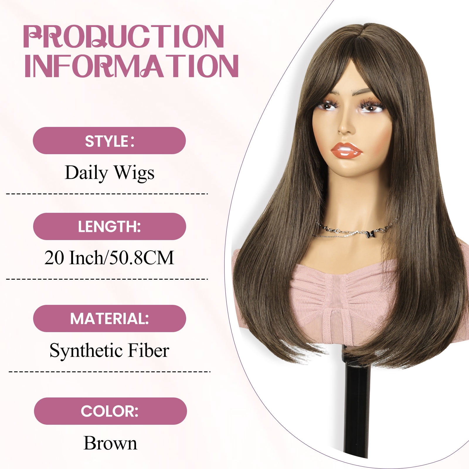 PHOCAS 20 Inch with Bangs Long Brown Wigs for Women Straight Long Bob Wig Synthetic Brown Hair Wigs Sandy Brown Glueless Wig Cap
