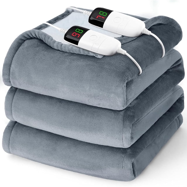 Manta eléctrica térmica tamaño Queen – Manta térmica de 84 x 90 pulgadas con doble control, 10 niveles de calefacción y 8 horas de apagado automático, manta de franela suave y cálida, regalos de