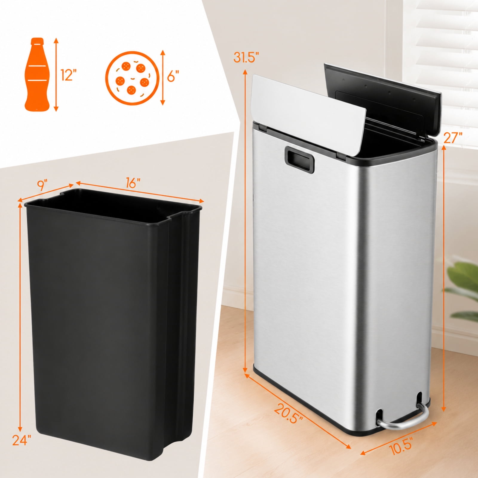 RUIE 12 Gal Stainless Steel Trash Can with Soft-Closing Wing Lids, Step Pedal Kitchen Trash Can with Removable Inner Bucket for Kitchen Living Room Office, Silver