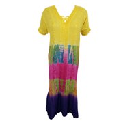 Mogul Women's Tie Dye Dress Blue Embroidered Cap Sleeve Rayon Colorful Dresses