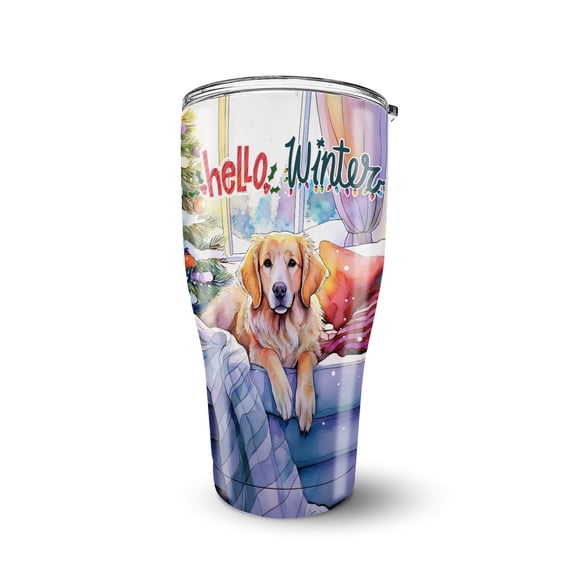 Watercolor Hello Winter Golden Retriever Chill Christmas Welcome 30oz Stainless Steel Tumbler Insulated Cup with Lid Goldens Dog Lover Gifts Idea - 00016