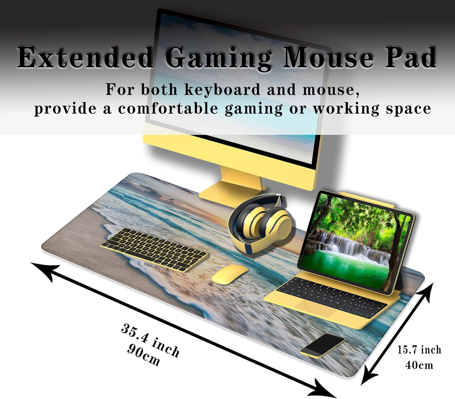 Keyboard Mats Desk Accessories Kit Gaming Mousepad Big Mouse Pads Pc Desk Mat Full Desk Mat Waterproof Non-Slip Rubber Base 35.4" X 15.7" for Game Office, Beach Sunset Ocean Waves