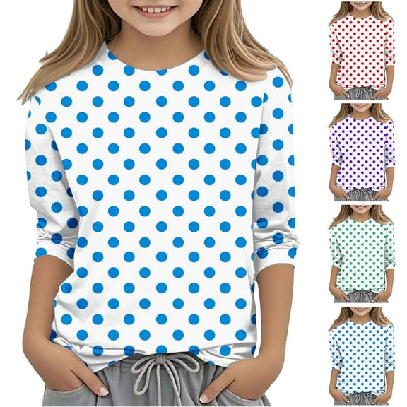 MKOSPLRT Polka Dot Tops for Kids 3-12 Years Girls Boys 3/4 Sleeve Shirts Crew Neck Cute T Shirts Casual Loose Blouses Kids Gifts
