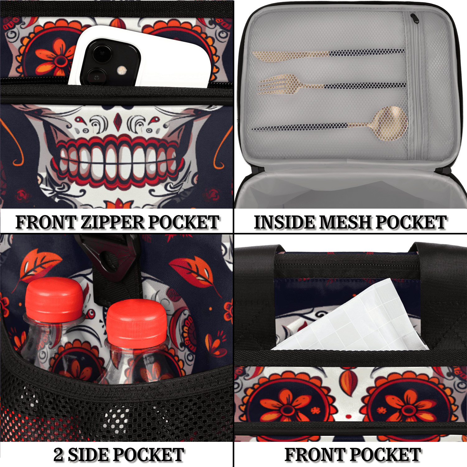 Herdesigns Sugar Skull Mexican Floral Skeleton Large Lunch Box for Adults Women Men with Adjustable Shoulder Strap, Insulated Reusable Lunch Bag Leakproof Cooler Tote Bag