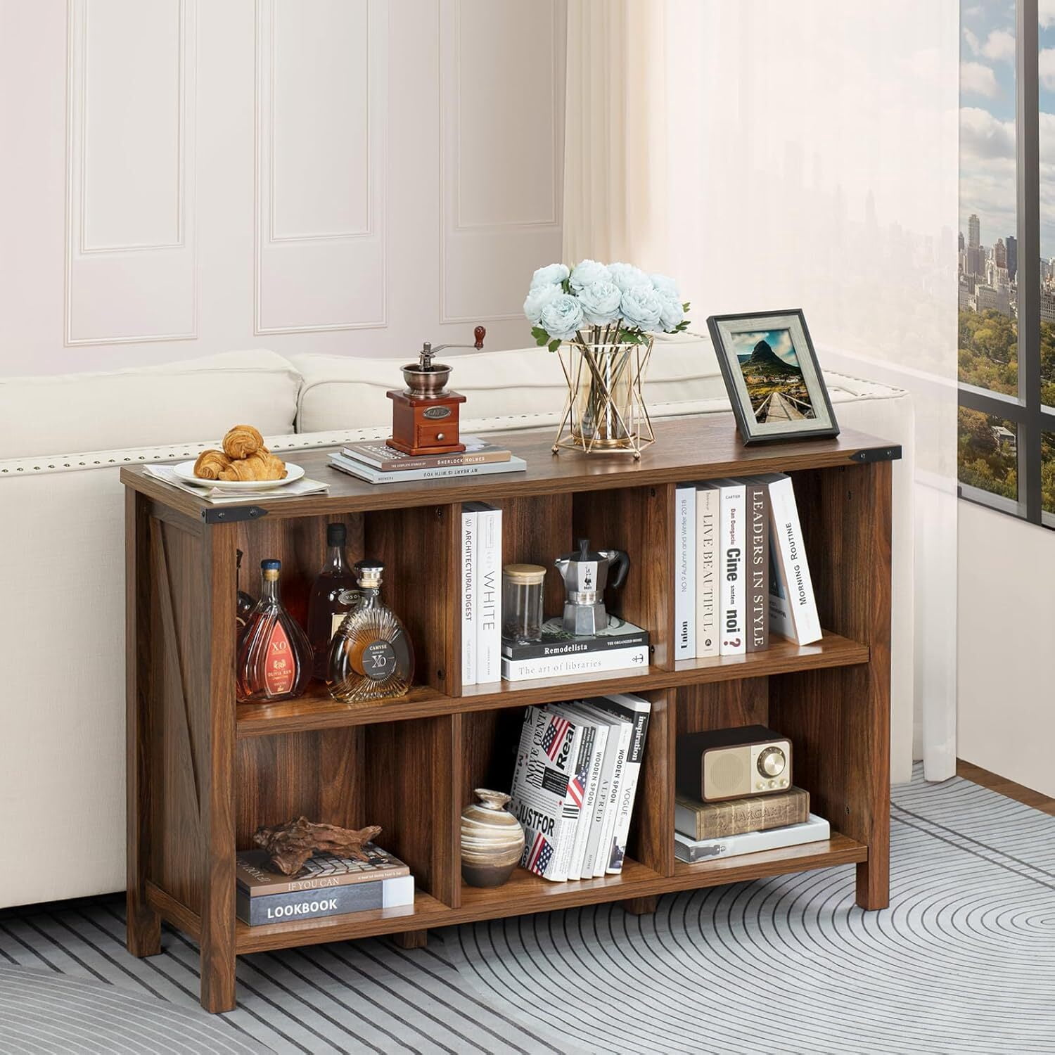 Joaxswe Organizer with Shelf, 6 Cube Storage Organizer Farmhouse Wood Cube Bookcase for Living Room Dark Rustic Brown