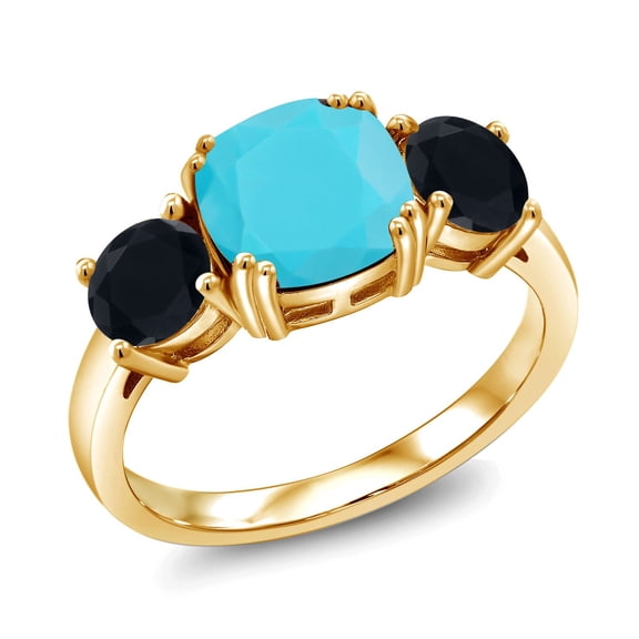 Gem Stone King 18K Yellow Gold Plated Silver Green Turquoise and Black Onyx 3 Stone Engagement Ring for Women (2.95 Cttw, Gemstone, Cushion 8MM, Size 8)
