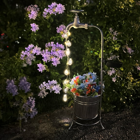 Solar Water Faucet Metal Flower pot with Flicking Lights Led Garden Decor Planter for Patio Yard Front Porch Decorations