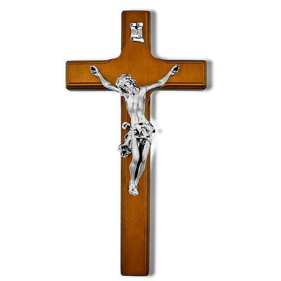 11" Wood Crucifix with Shiny Metal Corpus