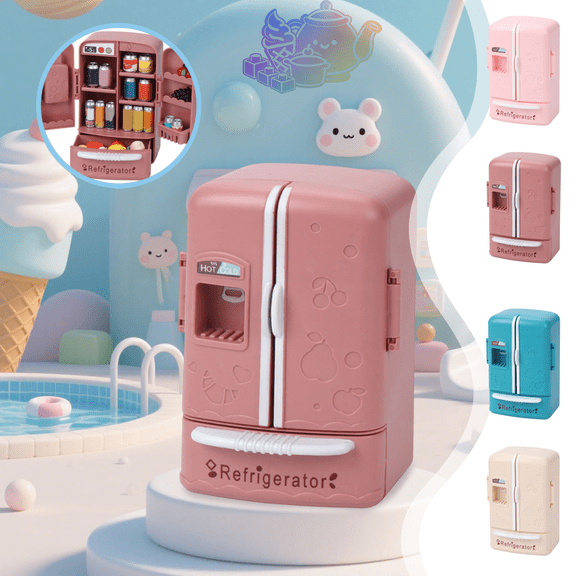 Pretend Refrigerator Play Toy, Mini Double Door Fridge Playset with Simulation Food Accessories, Kitchen Pretend Play House Toys, Role Play Cooking Toy for Kids Ages 3 and Up