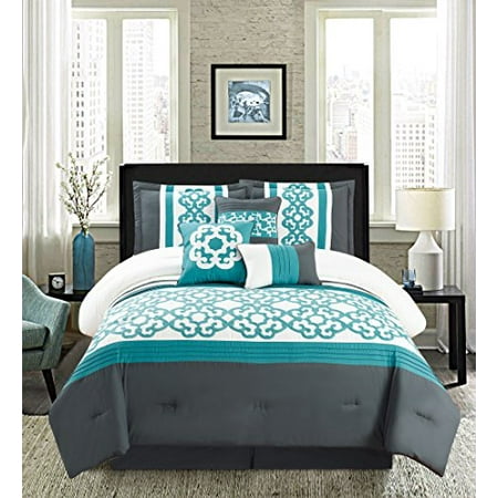 Wpm 7 Pieces Complete Bedding Ensemble Black White Aqua Print Luxury Embroidery Comforter Set Bed In A Bag King Size Bedding Manhattan King