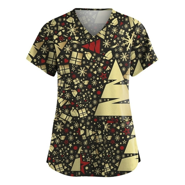LSLJS Blouse de Noël pour Femmes à Manches Courtes Col en V Uniforme de Travail avec Poche, Blouse de Noël