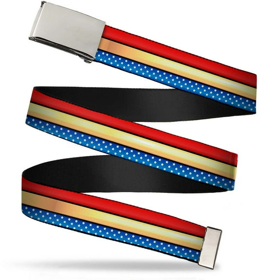 Adjustable Belt, Clamp Buckle, Cut-to-Fit, Wonder Woman Stripe Stars Red Gold Blue White